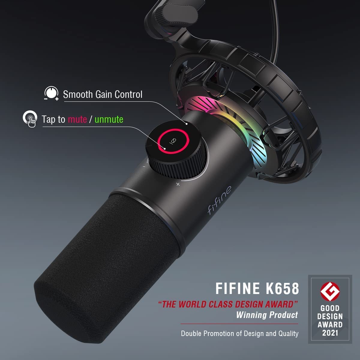 FIFINE Gaming Microfono para PC USB, RGB Micrófono de Dinámicos per Ordenador PS4 PS5, con Botón de Silencio & Conector para Auriculares de 3,5mm, para Podcasting Youtube