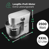 ProfiCook® robot de cocina | XXL | 12L bol | amasadora | motor 2500W | engranaje metálico | pantalla LED | robot de cocina | para hasta 8,5 kg de masa | 13 velocidades | PC-KM 1254 acero inoxidable