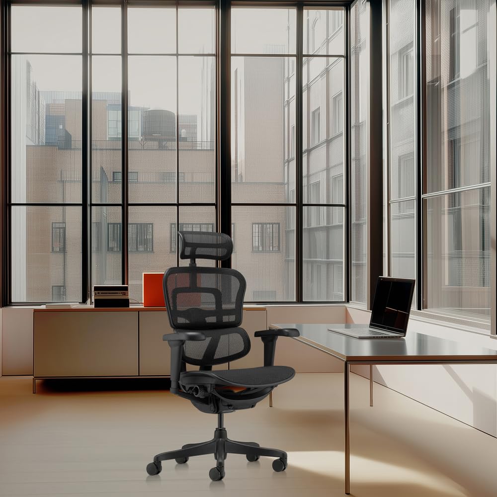 hjh OFFICE Silla de Oficina ergonómica ERGOHUMAN Signature GEN2 Diseño Original, Silla de Oficina con Soporte Lumbar Flexible, tapizado de Malla, Negro