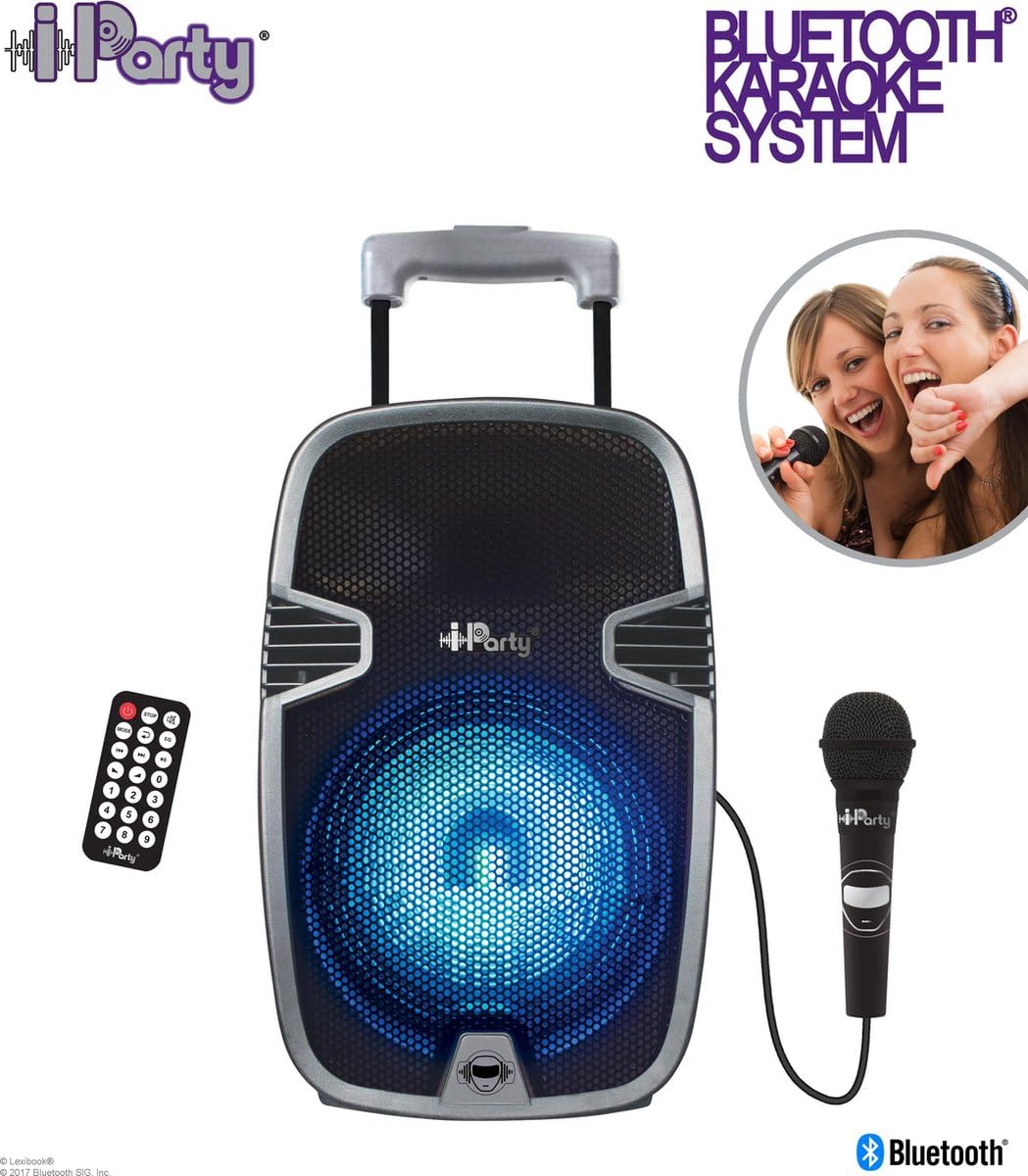 LEXIBOOK, iParty, Altavoz Karaoke Bluetooth, con Efectos de luz y micrófono incluidos, batería Recargable, Negro/Plateado, K8250