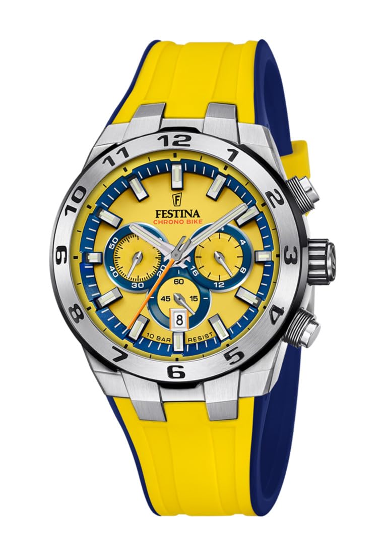 Festina Reloj Hombre F20671/4 Chrono Bike Caja de Acero Inoxidable 316l Plateado Correa de Caucho Amarillo