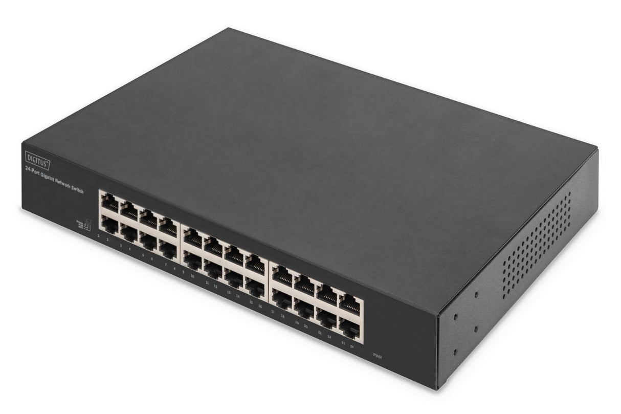 DIGITUS DN-80113-2 – Conmutador de Red Gigabit de 24 Puertos – no gestionado – sin Ventilador – Modo VLAN – Interruptor Dip – 10/100/1000 Mbit/s – Incl. Soportes de Montaje de 19" – Negro