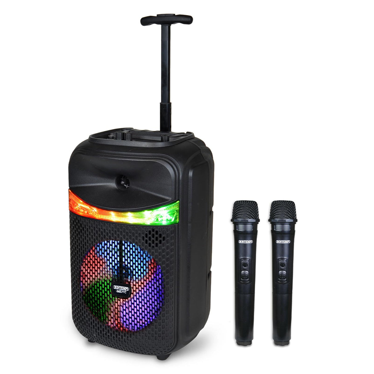 Bontempi | Altavoz Acústico Trolley Inalámbrico con 2 Micrófonos Inalámbricos, Luces RGB, Mando a Distancia, Pantalla, Función TWS, 39.5x22.5x19 cm