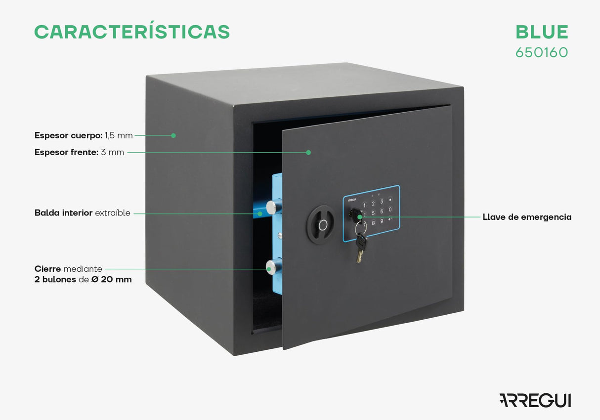ARREGUI Blue 650160 Caja Fuerte de Acero con Cerradura Electrónica | 38x35x36 cm | 42 L | Caja de Seguridad para Casa y Hogar | Teclado con Códigos Programables | con Llave de Emergencia | grafito