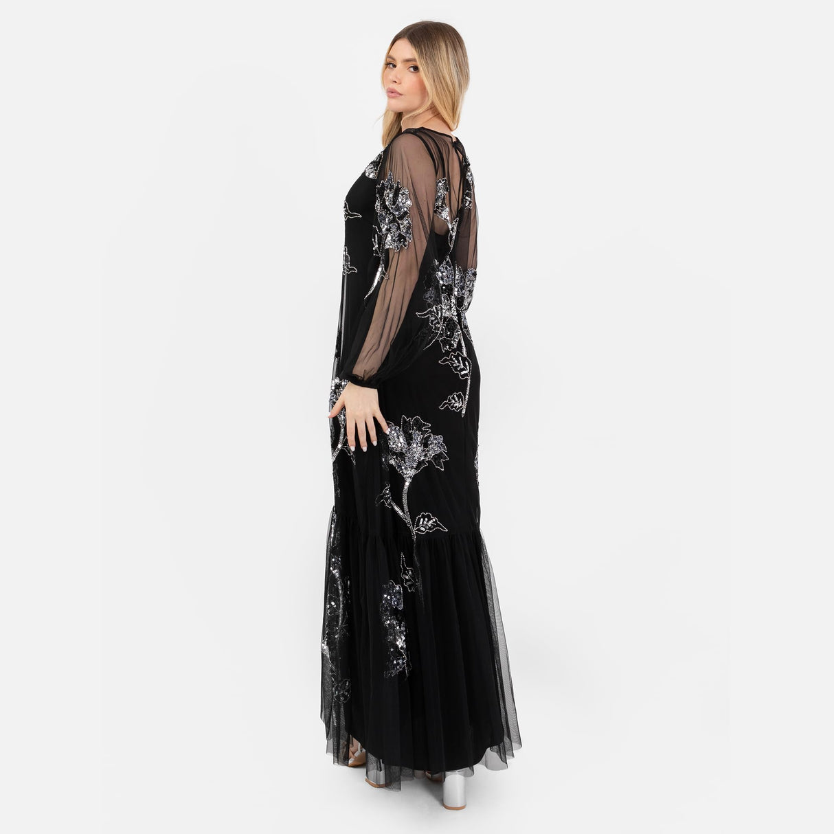Maya Deluxe Women's Maxi Dress Ladies Long Sleeve Boat Neck Sheer Tulle Floral Sequin Embellished Trapeze Evening Prom Ball Gown, Black, 44