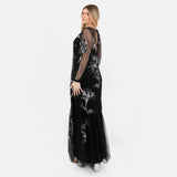 Maya Deluxe Women's Maxi Dress Ladies Long Sleeve Boat Neck Sheer Tulle Floral Sequin Embellished Trapeze Evening Prom Ball Gown, Black, 44