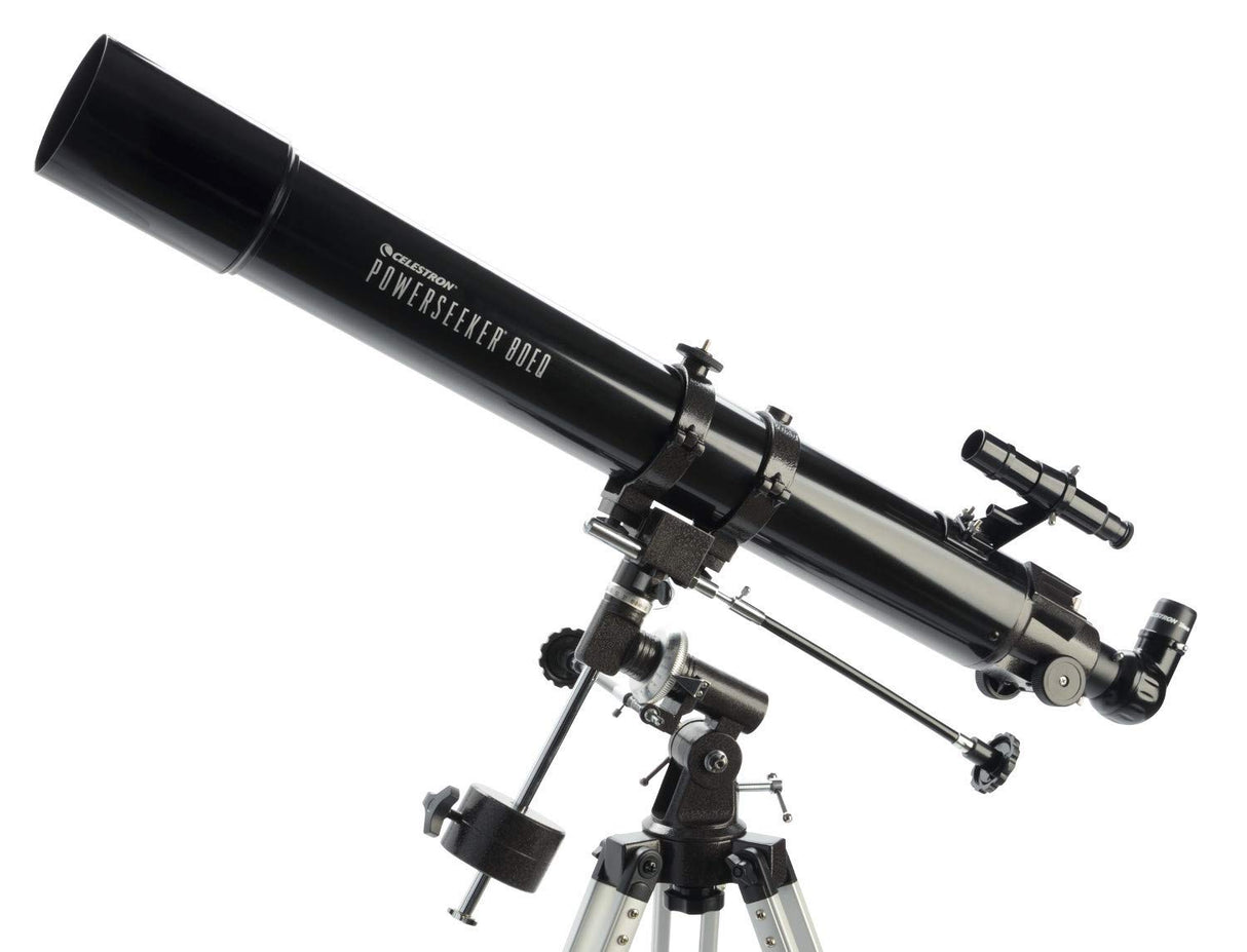 Celestron 21048 PowerSeeker 80EQ Telescopio Refractor: Incluye Dos oculares, Diagonal de Imagen Recta, Lente Barlow de 3 aumentos, trípode Ajustable en Altura y Bandeja de Accesorios de Lujo, Negro