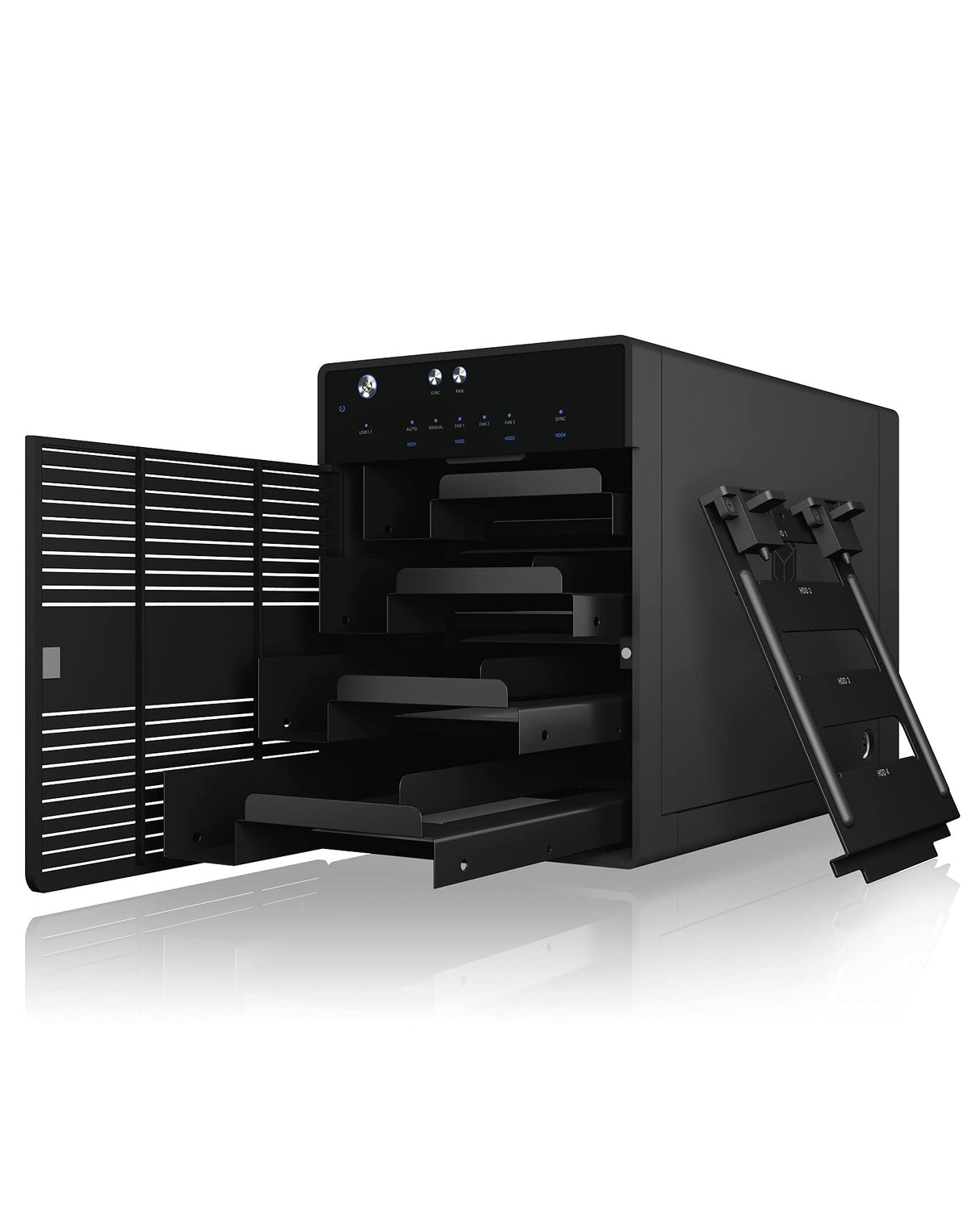 ICY BOX Externes 4-Fach USB-C Gehäuse für 2,5 Zoll & 3,5 Zoll SSD und Festplatten, USB 3.1 (Type-C, Gen 2), JBOD, Lüfter, SATA, Aluminium, Schwarz