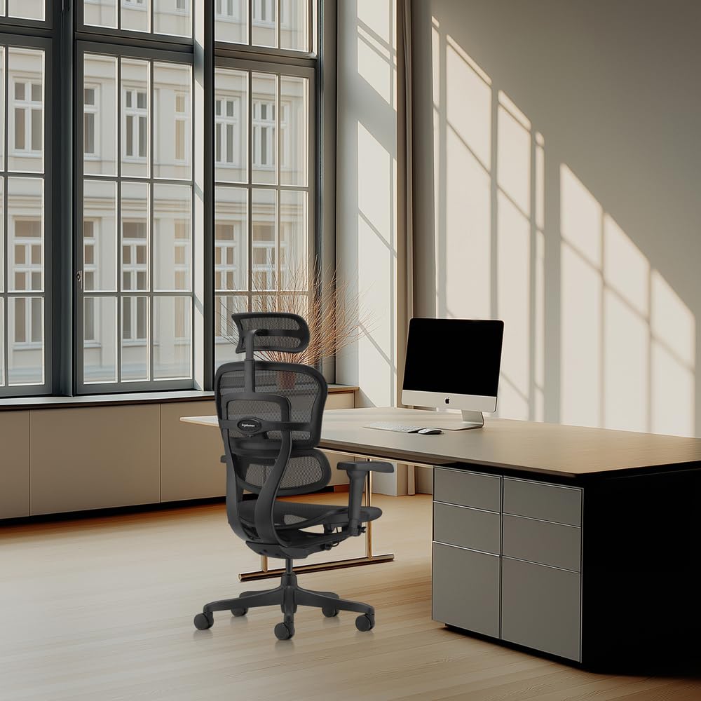 hjh OFFICE Silla de Oficina ergonómica ERGOHUMAN Signature GEN2 Diseño Original, Silla de Oficina con Soporte Lumbar Flexible, tapizado de Malla, Negro