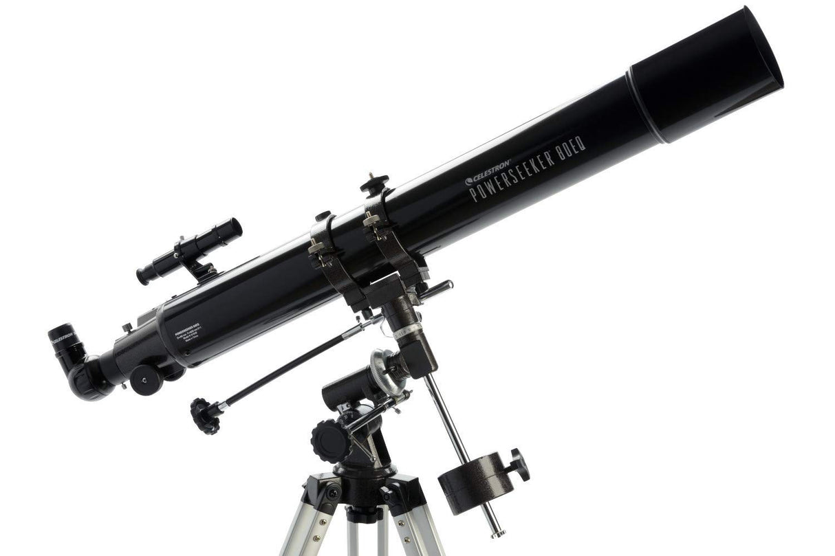 Celestron 21048 PowerSeeker 80EQ Telescopio Refractor: Incluye Dos oculares, Diagonal de Imagen Recta, Lente Barlow de 3 aumentos, trípode Ajustable en Altura y Bandeja de Accesorios de Lujo, Negro