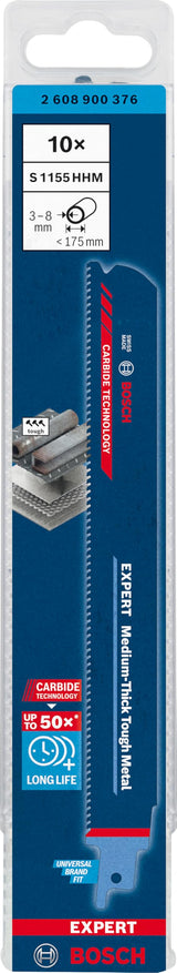 Bosch Professional 10x Hojas de sierra sable Expert ‘Medium-Thick Tough Metal’ S 1155 HHM (para Acero resistente, Láminas de acero inoxidable, Longitud 225 mm, accesorios Sierra sable)