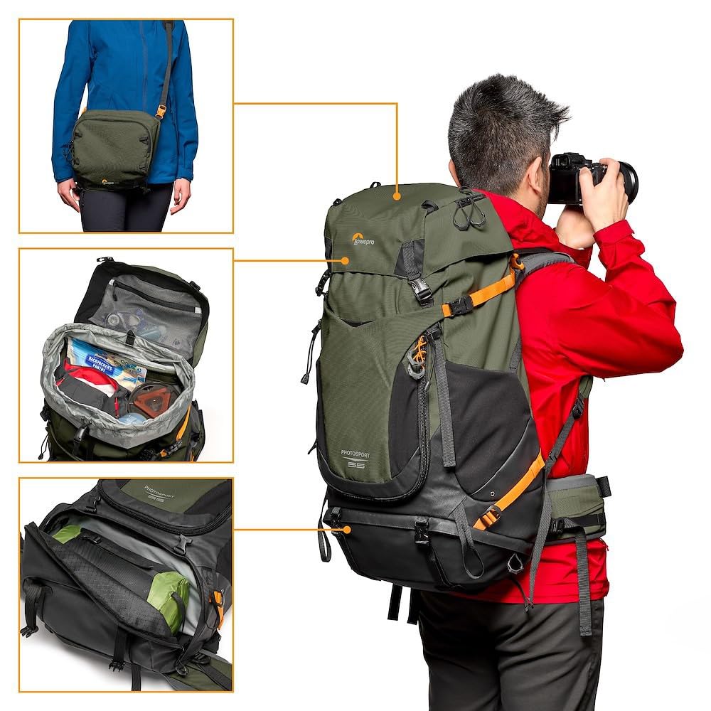 Lowepro PhotoSport PRO BP 55L AW IV - Mochila para cámaras réflex sin espejo, acceso delantero/trasero, compartimento extraíble para cámara, correas de accesorios, talla M/L, gris oscuro/verde