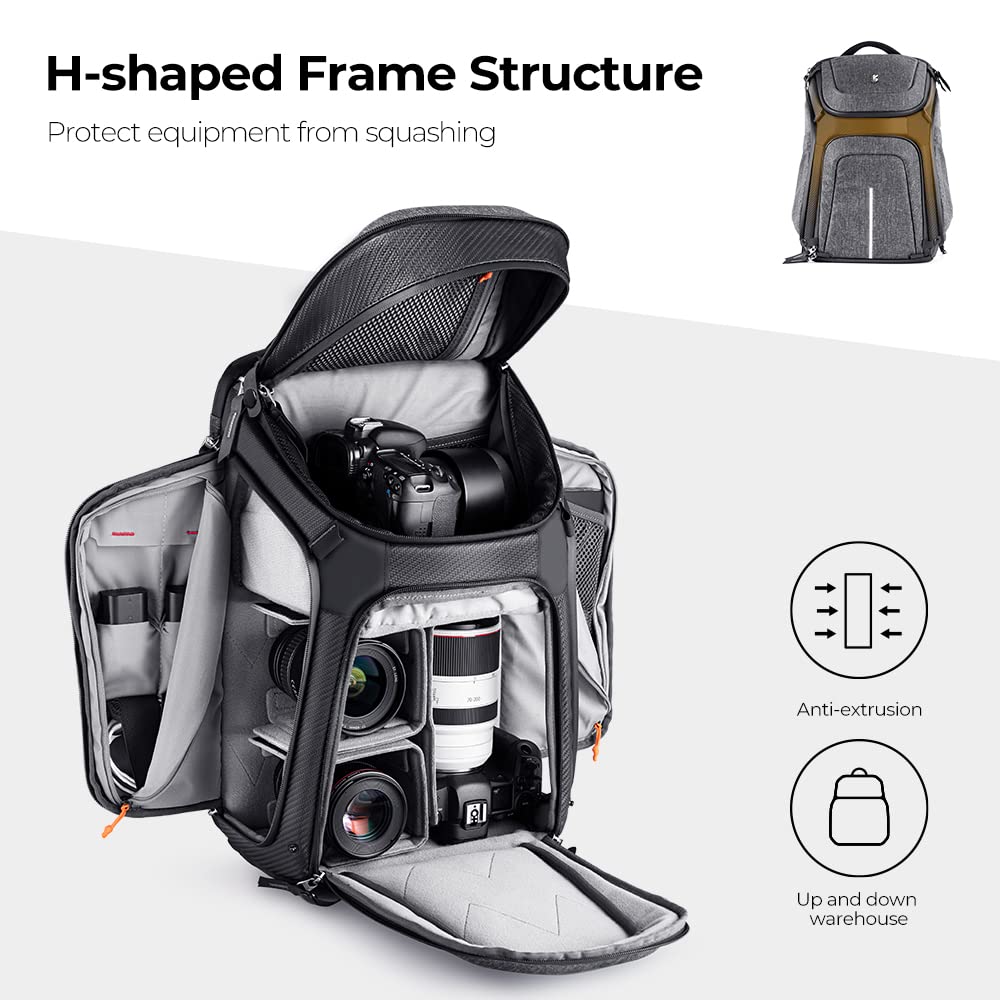 K&F Concept Mochila Alpha de 25 L + extensión Superior de 1,5 L, 3 Lados Abiertos, Hebilla Desmontable para Cambio de Bolsa de Hombro/Mochila, Capacidad para 2 cámaras, 4 Lentes, Laptop de 15.6