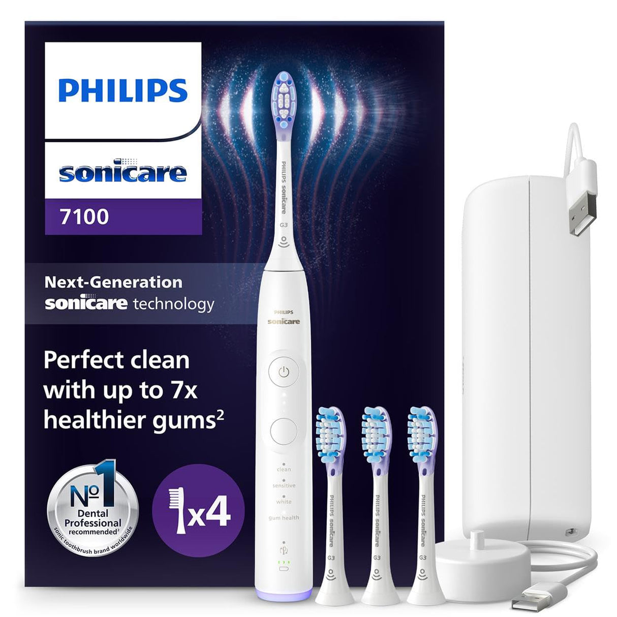 Philips Sonicare 7100 cepillo dental eléctrico, sónico con aplicación, 4 modos de cepillado y 3 niveles de intensidad, alerta de presión, SmarTimer, blanco, HX7420/08 [Nueva Tecnología]