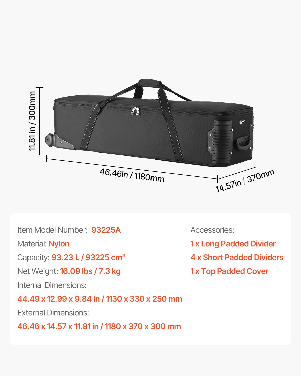 VEVOR Estuche con Ruedas para Equipo de Estudio 118 x 37 x 30 cm, Bolsa con Ruedas para Cámara, Correas, Asa Acolchada en el Compartimento para Soportes de Iluminación, Trípodes y Telescopios, Negro