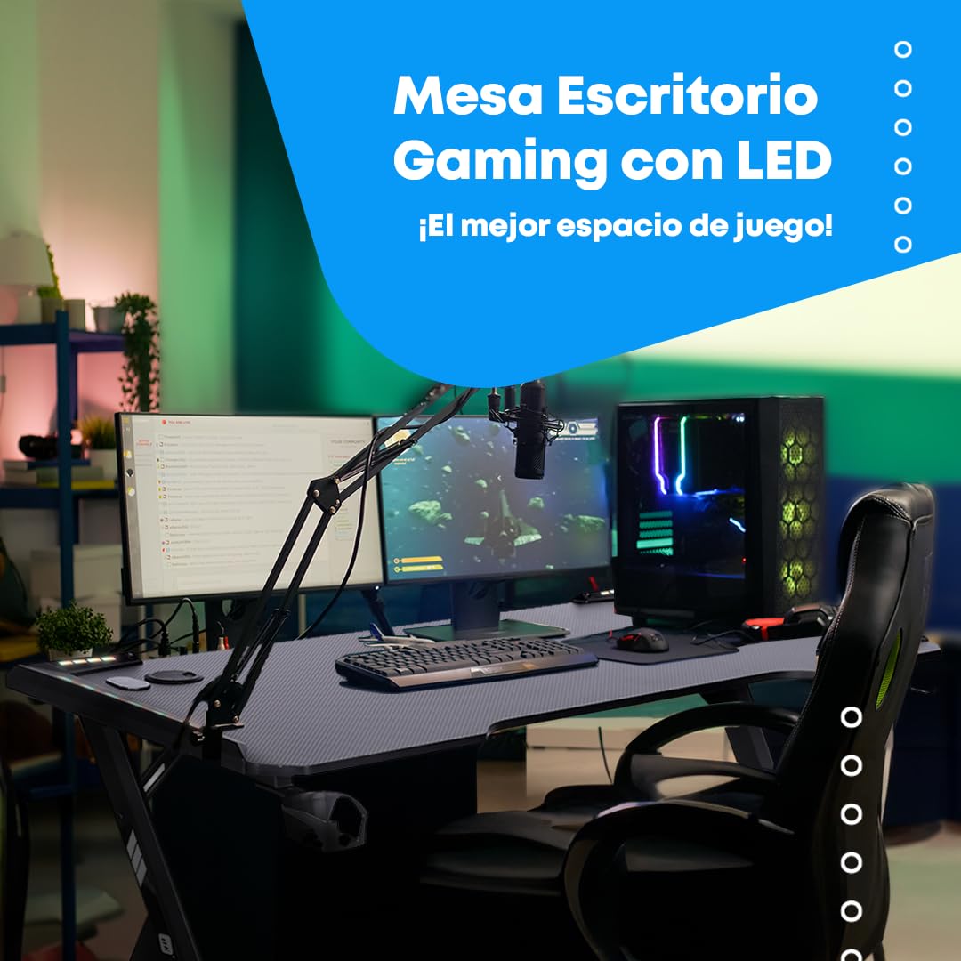 NK Mesa Escritorio Gaming con LED (120x60cm) - Portavasos y Botellas, Soporte Auriculares/Cascos, Gestión de Cables, Gaming Desk, Tabla 1.5cm (Resistencia) Peso Máximo 100kg (Rosa)