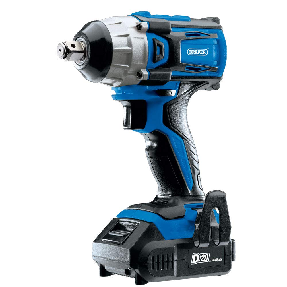 Draper 55343 D20 - Llave de impacto de par medio sin escobillas de 20 V de 1/2 pulgada con 2 baterías