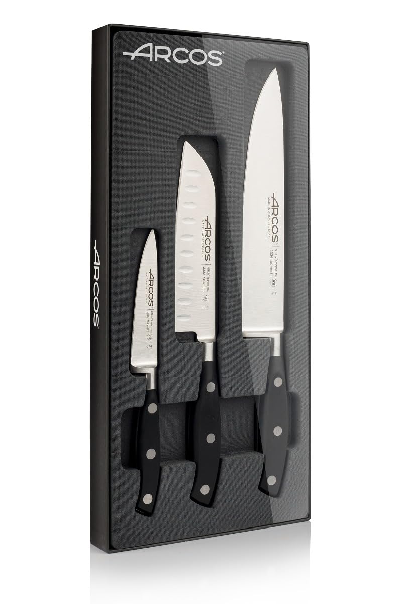Arcos Riviera - Juego de Cuchillos de Cocina (Mondador + 1 Santoku + 1 Cuchillo Chef) - Acero Inoxidable Forjado NITRUM - Mango POM - Color Negro