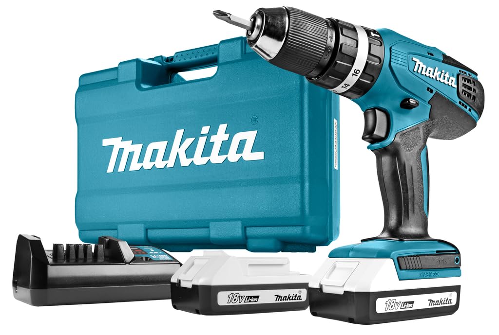 Makita HP457DWE10 Taladro Percutor Batería 18V 2x1.5Ah 74 Accesorios Maletín