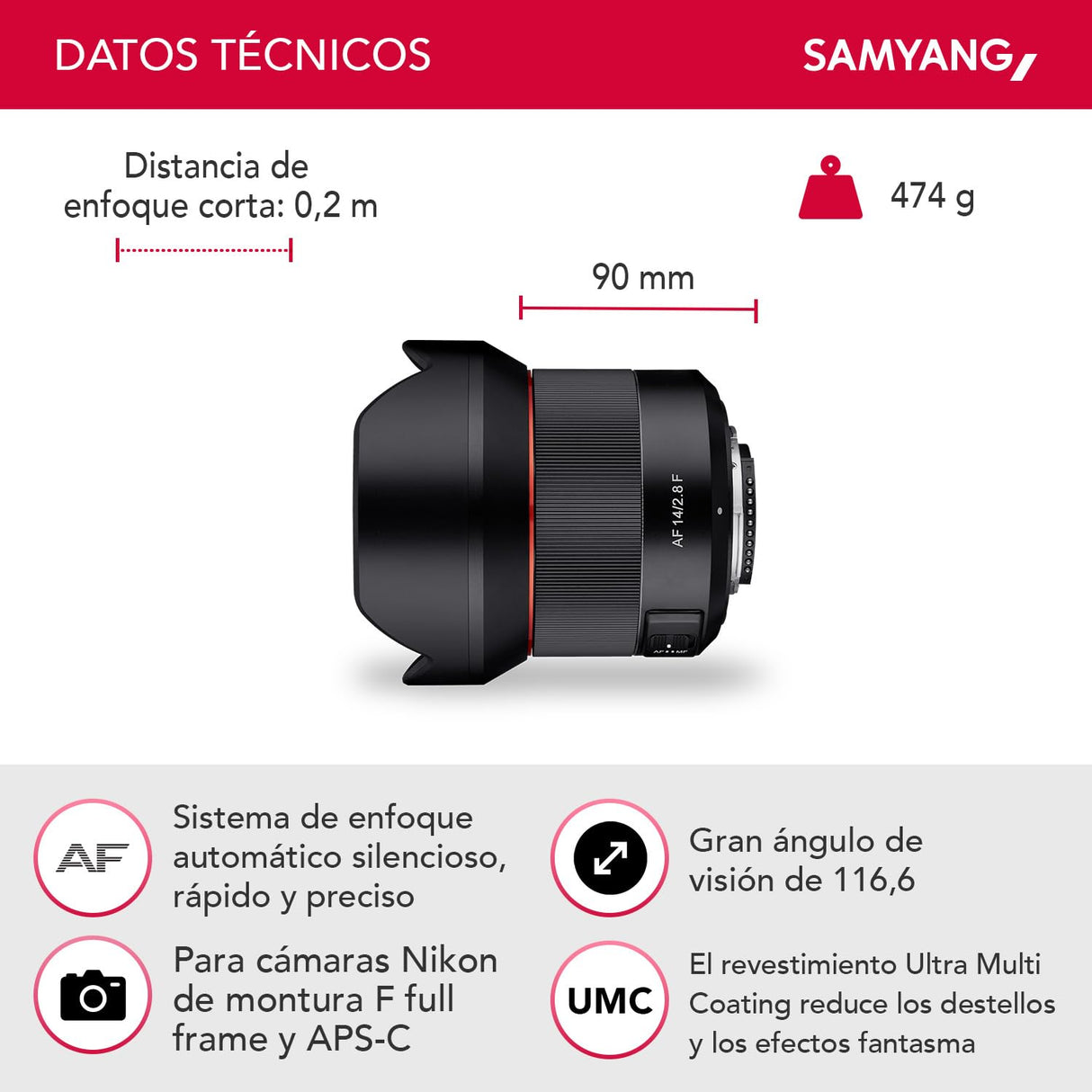Samyang SA7081 - Objetivo 14 mm F2.8 para Montura Nikon F