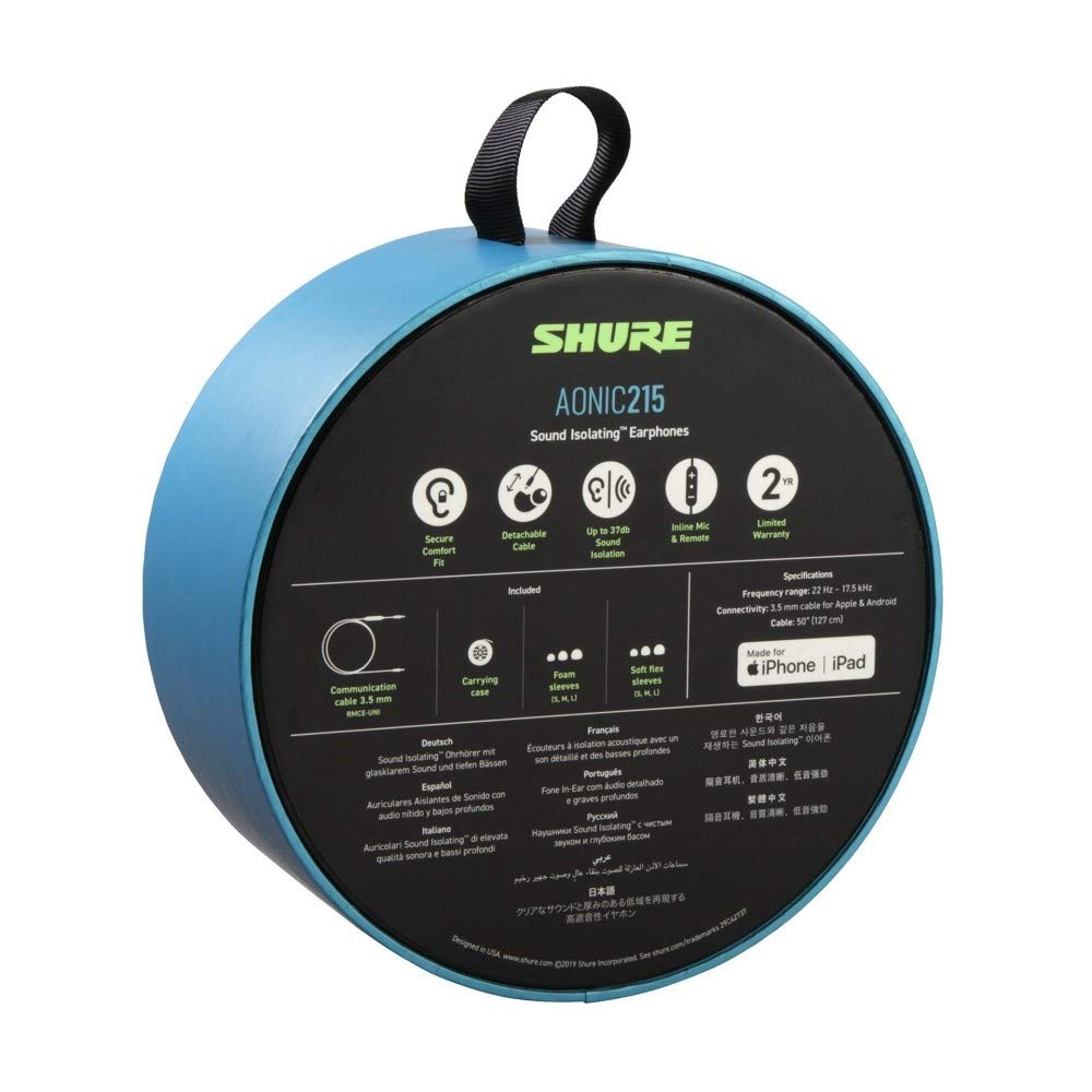 Shure AONIC 215 Auriculares de Aislamiento de Sonido con Cable, Controlador único, Ajuste Interno, Compatible con Dispositivos Apple y Android - Negro
