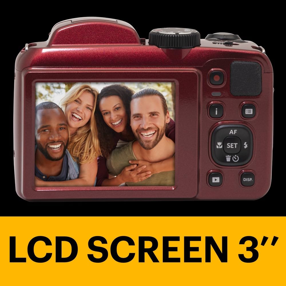 KODAK Pixpro Astro Zoom AZ255 - Cámara Digital Bridge 16 MP, Zoom Optico 25X, Video HD 1080p, Gran Angular 24 mm, Estabilizador Optico de Imagen, Pantalla LCD 3", Pilas AA - Rojo