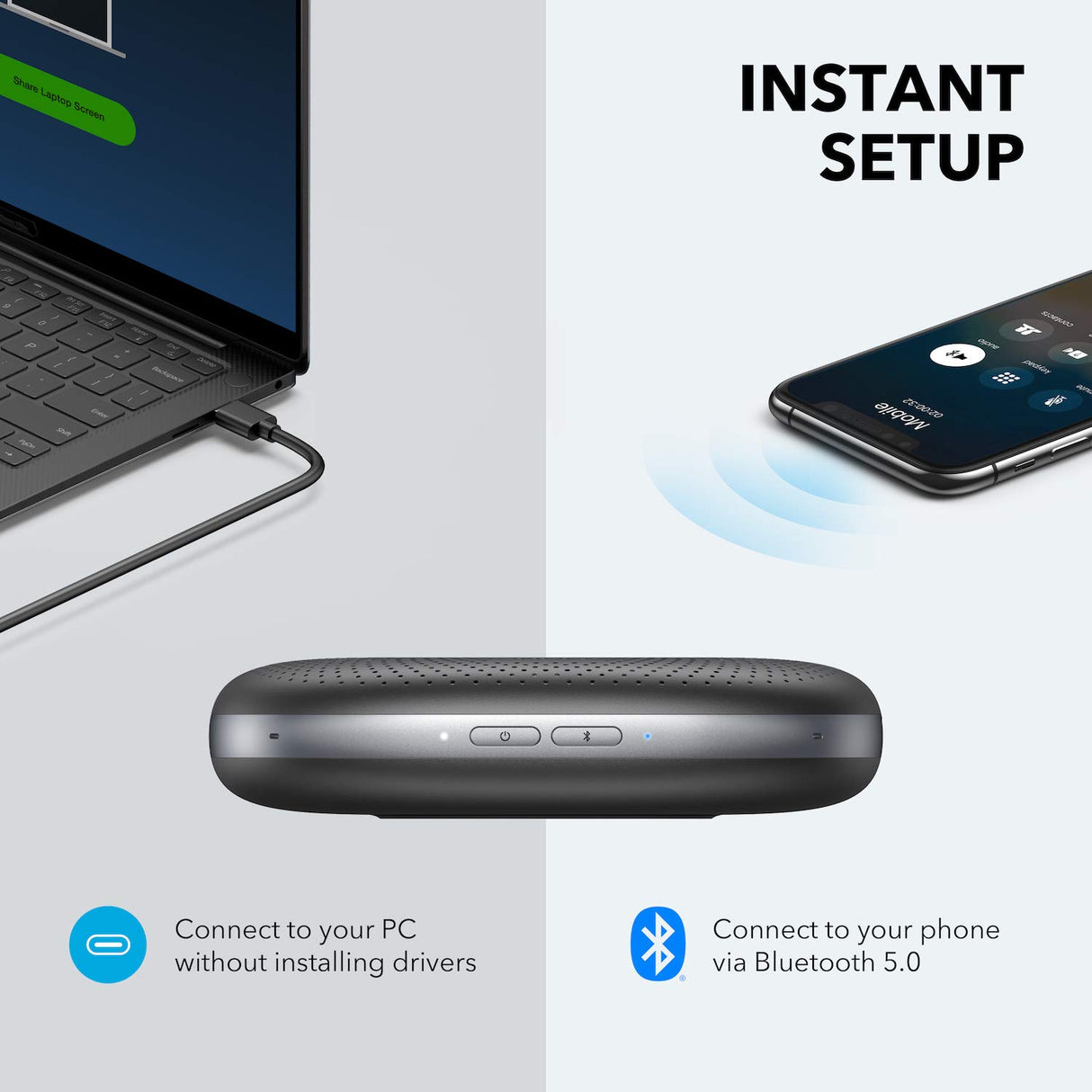 Anker PowerConf Altavoz Bluetooth para Conferencias con 6 Micrófonos Integrados, Captación y Grabación de Voz Mejorada, 24 Horas de Autonomía, USB-C, Certificado por Zoom, para Oficina en Casa