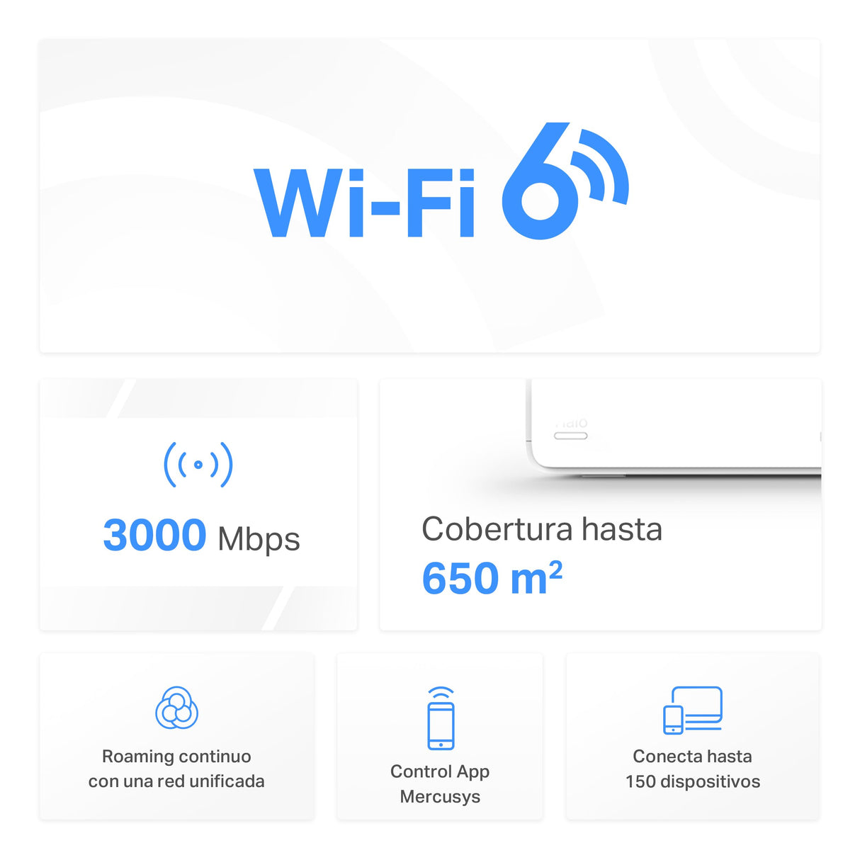 Mercusys Halo H3000X(3-Pack) - Router Mesh WiFi 6 AX3000, Doble Banda 2 4Ghz/5Ghz, 3X Puertos Gigabit, Cobertura hasta 650m², MU-MIMO,OFDMA, 1024-QAM
