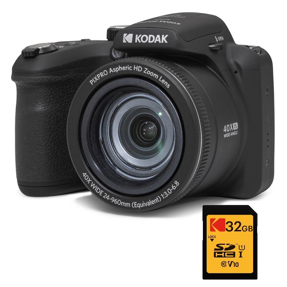KODAK Pack Bridge Digital Pixpro Astro Zoom AZ405 + Tarjeta SDHC Kodak Ultra High Speed U1 32GB - Cámara Digital 20 Megapíxeles, Zoom 40X, Gran Angular, LCD, Video Full HD 1080p, OIS, Pilas AA - Negro