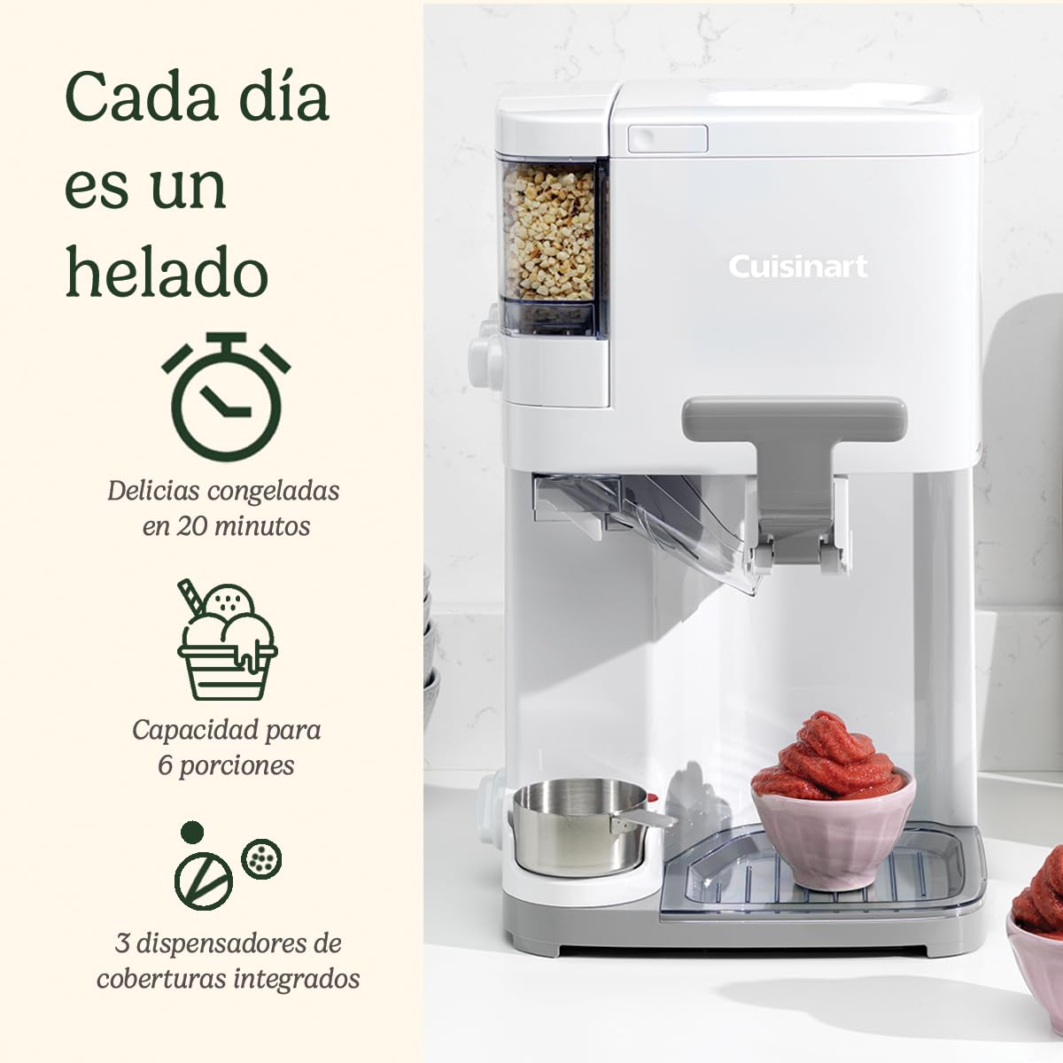 Cuisinart Heladera Soft Serve Ice Cream Maker, Capacidad 1.4L, 100% automática, Helado suave, Dispensador de toppings, Cucuruchos