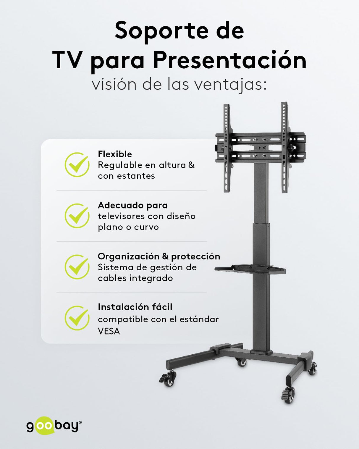 Goobay 59507 Soporte de TV móvil con Ruedas para televisores y monitores de Entre 37" y 70" (94-180cm) / Inclinable y Ajustable en Altura/Soporte de TV para TV Plana y TV Curva de hasta 35 kg