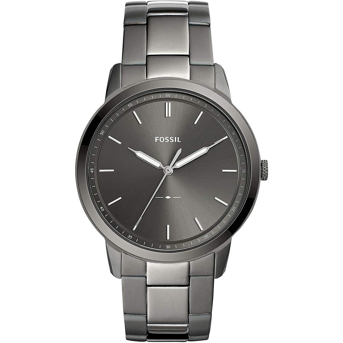 Fossil Reloj para hombre The Minimalist 3H, movimiento de cuarzo, caja de acero negro de 44mm con correa de piel, FS5551, Marrón Oscuro