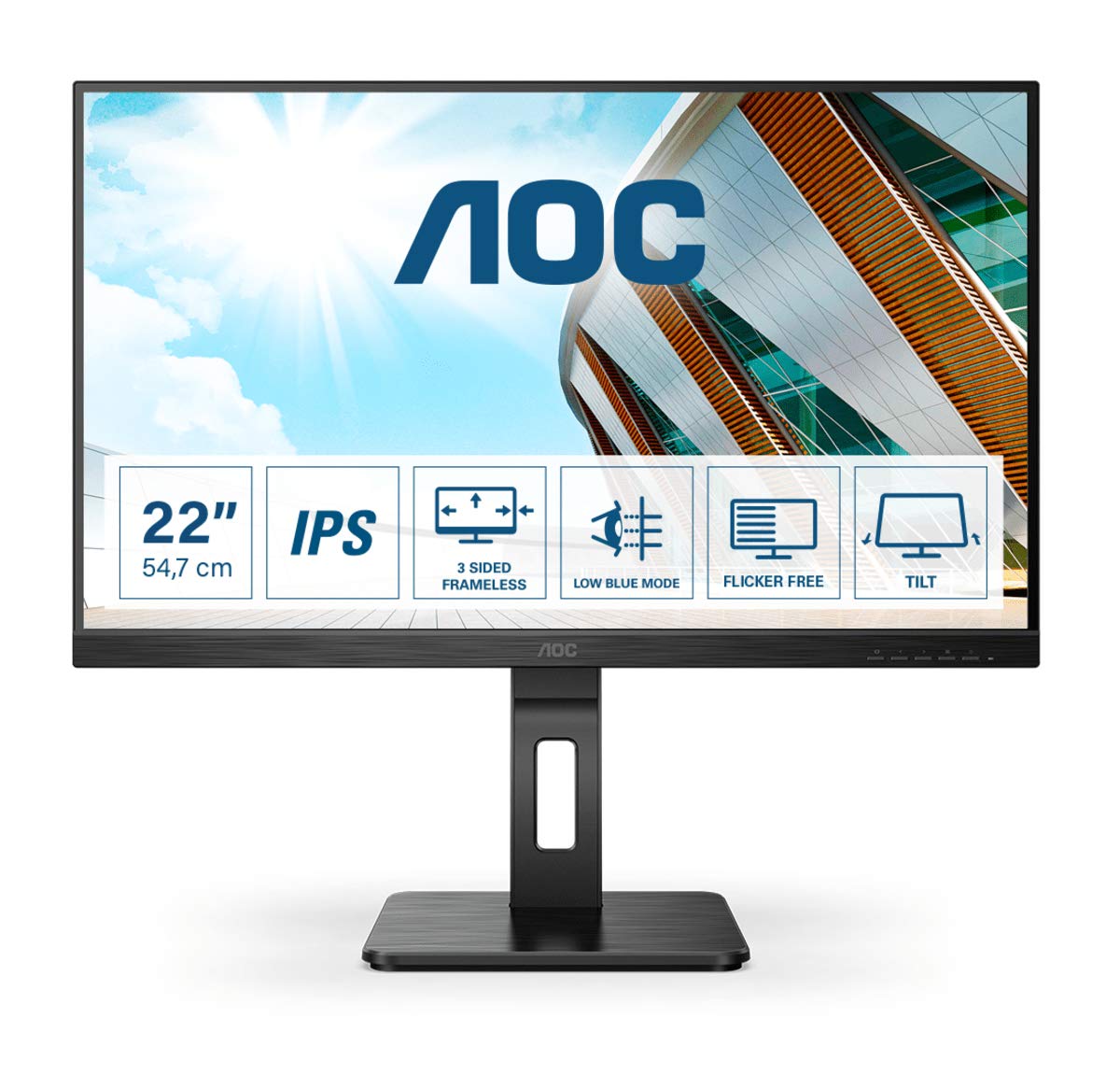 AOC 22P2DU - Monitor FHD de 22 Pulgadas, Altura Regulable (1920 x 1080, 75 Hz, VGA, DVI, HDMI, USB Hub), Color Negro