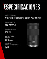 Canon Objetivo RF 75-300mm F4-5.6 | Teleobjetivo Zoom Ligero para Fotografía de Naturaleza y Deportes | Enfoque Automático y Revestimiento Super Spectra | Compatible con Cámaras Canon EOS R