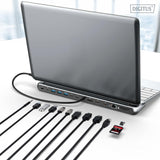 DIGITUS Docking Station – 12 Puertos – 2X HDMI, 1x Displayport 8k 30Hz – 2X USB-A 3.2 Gen2, 1x Tipo A 3.2 Gen1, 1x USB-C 3.2 Gen2 – 1x RJ45 – Lector de Tarjetas SD MicroSD – Conector de 3,5 mm – Gris