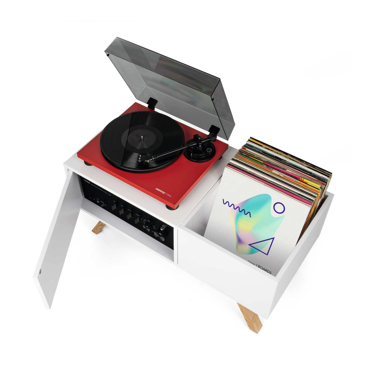 Glorious Turntable Lowboard - tablero bajo de alta calidad en diseño retro de los 60, espacio de almacenamiento para un tocadiscos y mucho espacio para los discos, blanco