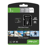 PNY Tarjeta microSDXC 1TB Pro Elite Prime Class 10 U3 V30 A2 + Adaptador SD - hasta 200MB/s, Class 10, U3, V30, A2, 4K UHD, Full HD, UHS-I