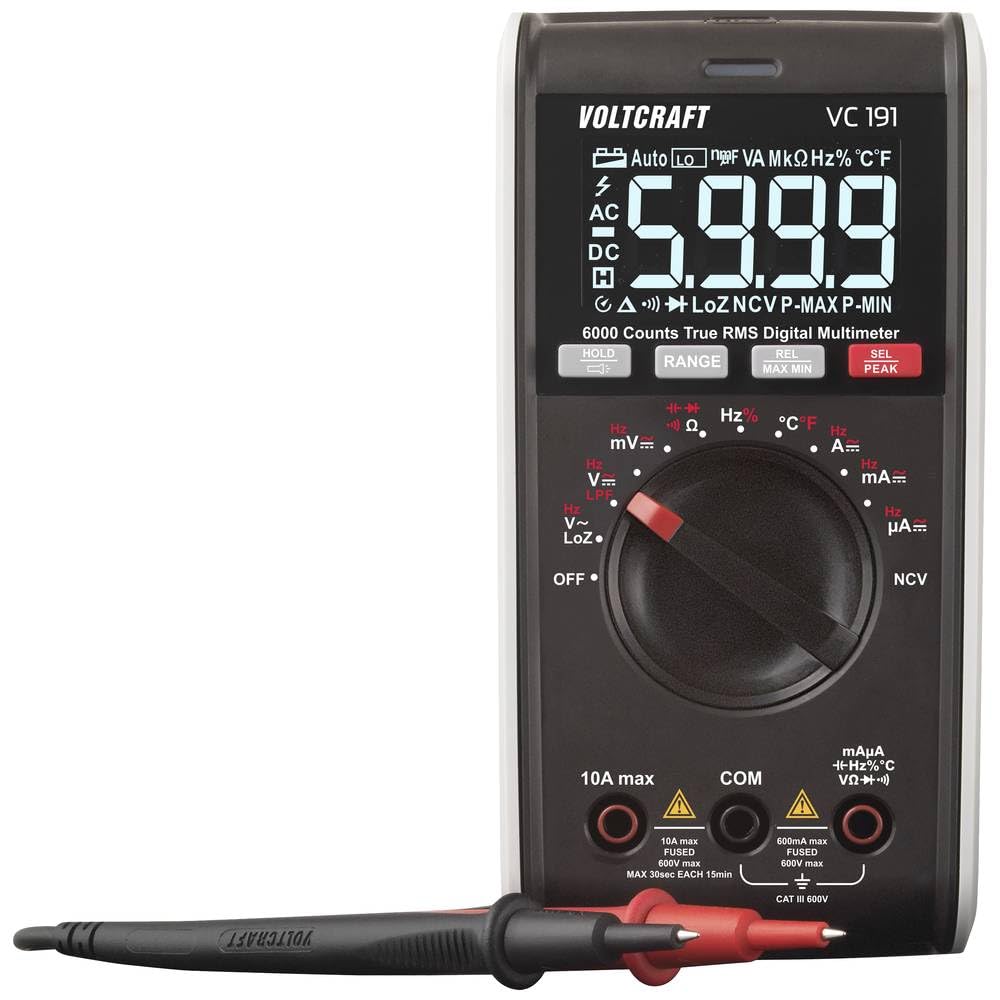 VOLTCRAFT VC191 Multímetro digital True RMS Medidor I 6000 cuentas I CAT III 600 V I CA/CC medición de voltaje y corriente I Medición de temperatura hasta 400 °C I Medición de capacidad hasta 60 mF