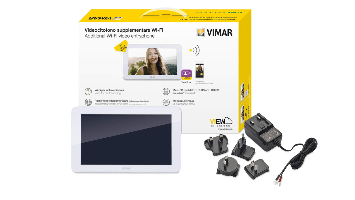 Vimar K40947 Monitor Wi-Fi LCD 7 in manos libres de pantalla táctil, alimentador con clavijas intercambiables estándares europeo, británico, americano y australiano, con soporte de instalación, blanco