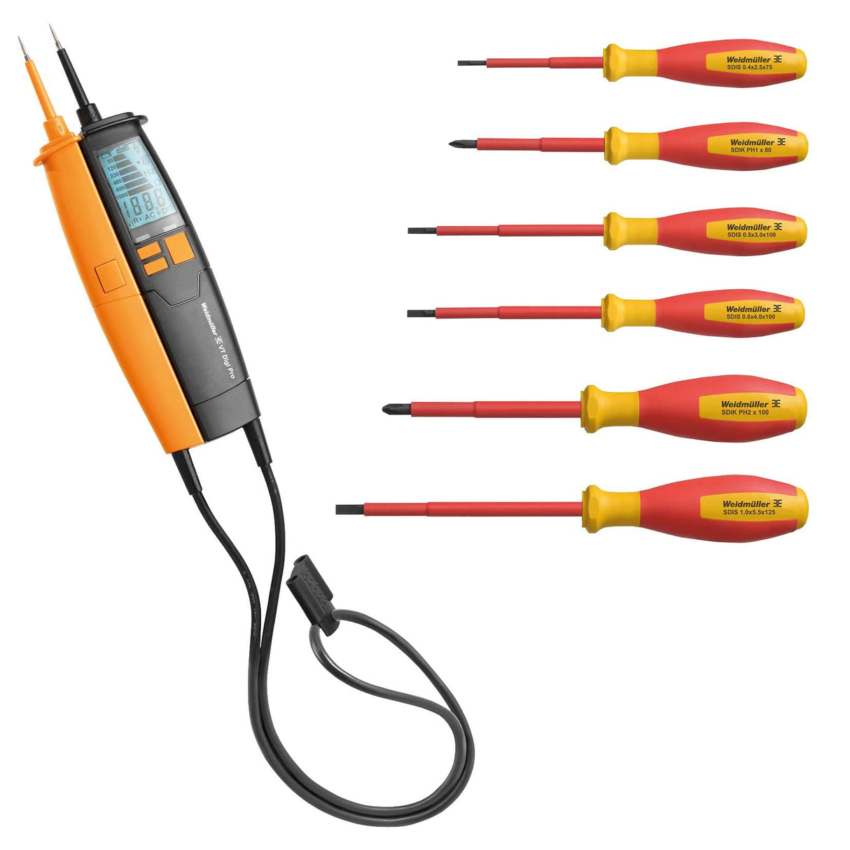 Weidmüller VDE 490103 - Juego de herramientas (7 piezas, 1 comprobador de voltaje VT Digi Pro, 6 destornilladores VDE, para electricistas, indicador de voltaje 1-1000 V CA/DC)