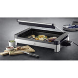 WMF Lono - Grill sobremesa con tapa de cristal y Barbacoa 2200 W, acero inoxidable mate, placa de parrilla recubierta, antiadherente