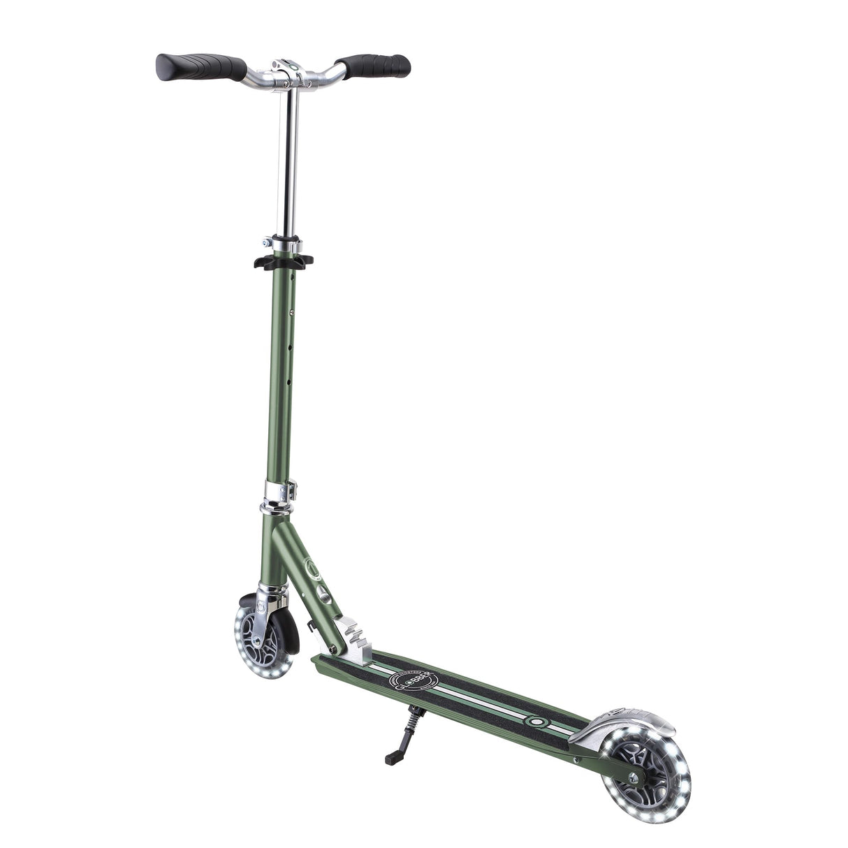 Globber - Flow Element Lights - Patinete Plegable de 2 Ruedas con luz LED, Freno Trasero y Manillar Ajustable, Desde los 5 años, para niños y Adolescentes - Verde Oliva