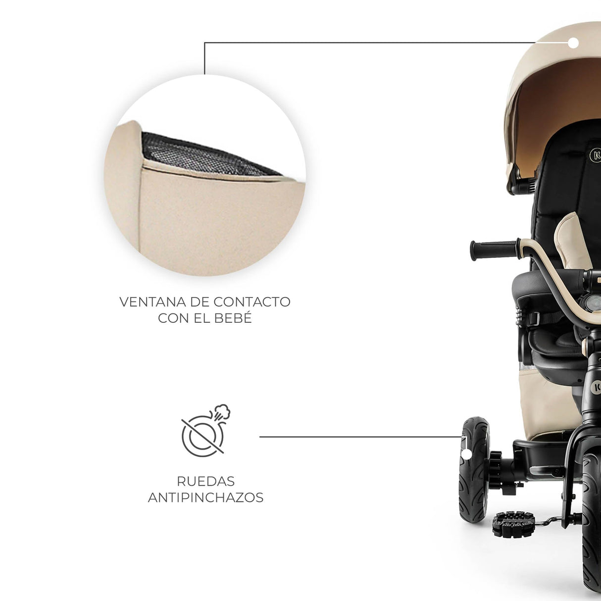 Kinderkraft EASYTWIST Triciclo Infantil, con Accesorios, Ventana de Techo, Cinturones de Seguridad, rotación de 360 Grados, Rueda Libre, Barra de Empuje, a Partir de 9 Meses hasta 5 años, Beige