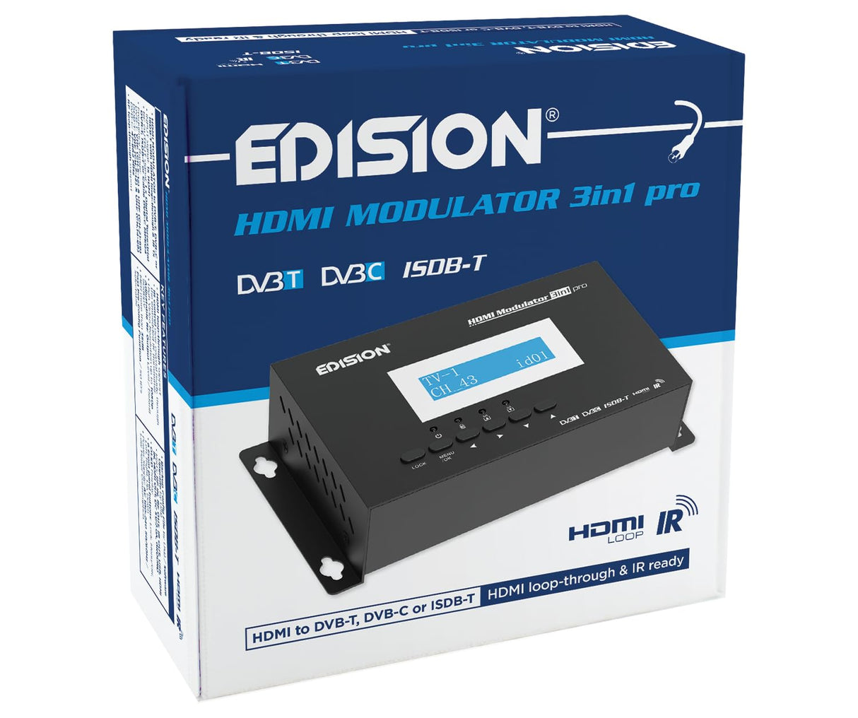 EDISION Modulador HDMI 3en1 Pro a Terrestre DVB-T, ISDB-T o Cable DVB-C, Distribución Full HD Sobre Cable Coaxial, HDMI-Loop, RF IN, Pantalla LCD, Instalación Rápida, Plug & Play