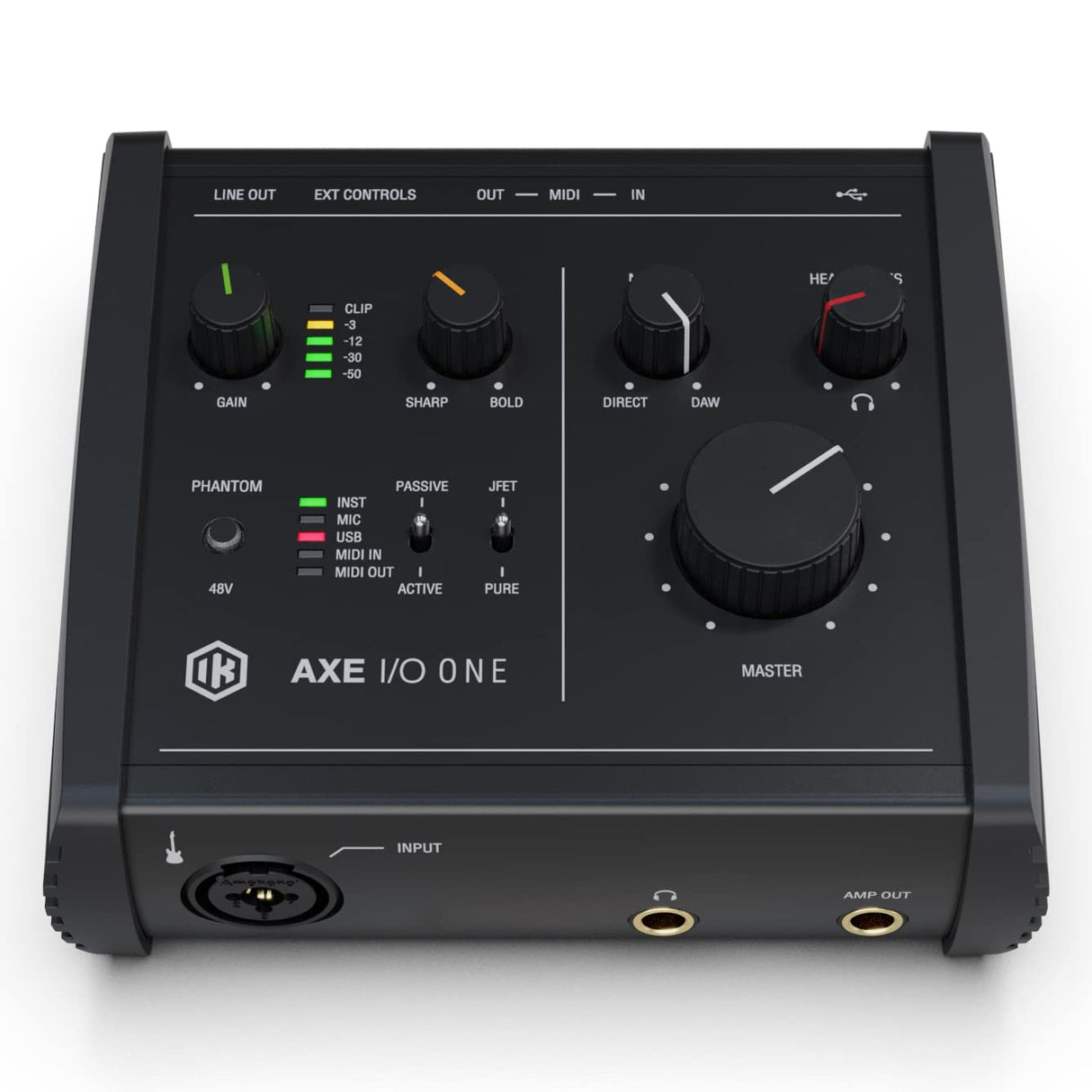 AXE I/O ONE de IK Multimedia, interfaz de audio USB compacta con diseño de tono de guitarra avanzado Z-TONE. Conector USB-C. Viene con TONEX SE y AmpliTube 5 SE