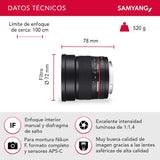 Samyang F1111206101 - Objetivo fotográfico DSLR para Sony E (Distancia Focal Fija 85mm, Apertura f/1.4-22 AS IF UMC, diámetro Filtro: 72mm), Negro
