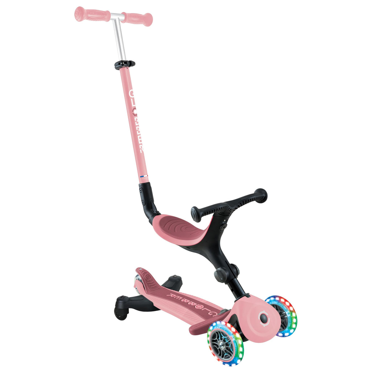 Globber - GO•UP Active Lights 360 - Patinete evolutivo con Asiento Giratorio 360°, reposapiés, Luces LED y 3 Ruedas, para niños de 15 Meses a 6 años - Rosa Pastel