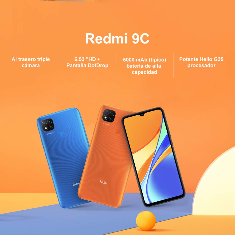 Xiaomi Redmi 9C Smartphone 3GB 64GB 6.53" HD+ Dot Drop Display 5000mAh (typ) Desbloqueo Facial con IA 13 MP AI Triple Cámara Naranja