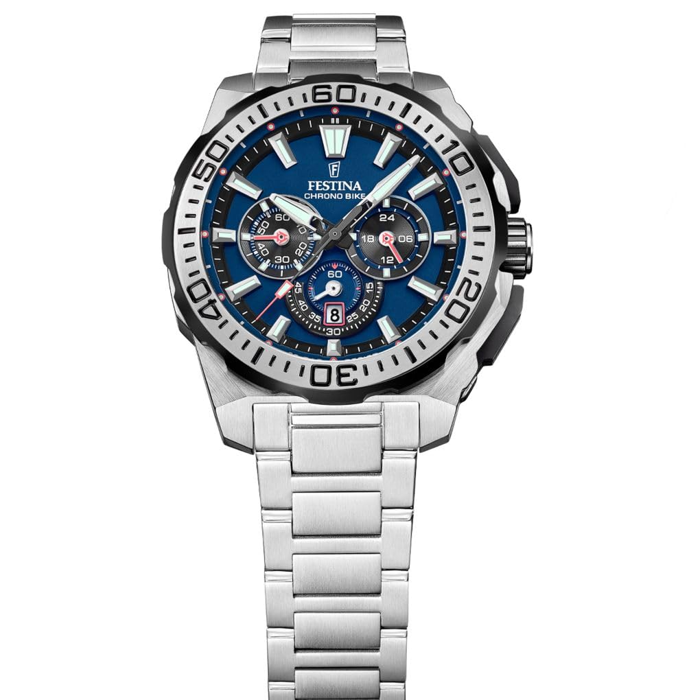 FESTINA Reloj Hombre Analógico de Acero Inoxidable 316l Plateado - Movimiento de Cuarzo - Cronógrafo - Calendario - Cristal Mineral de Alta Resistencia - Resistente al Agua 20 ATM F20724/2 Chrono Bike