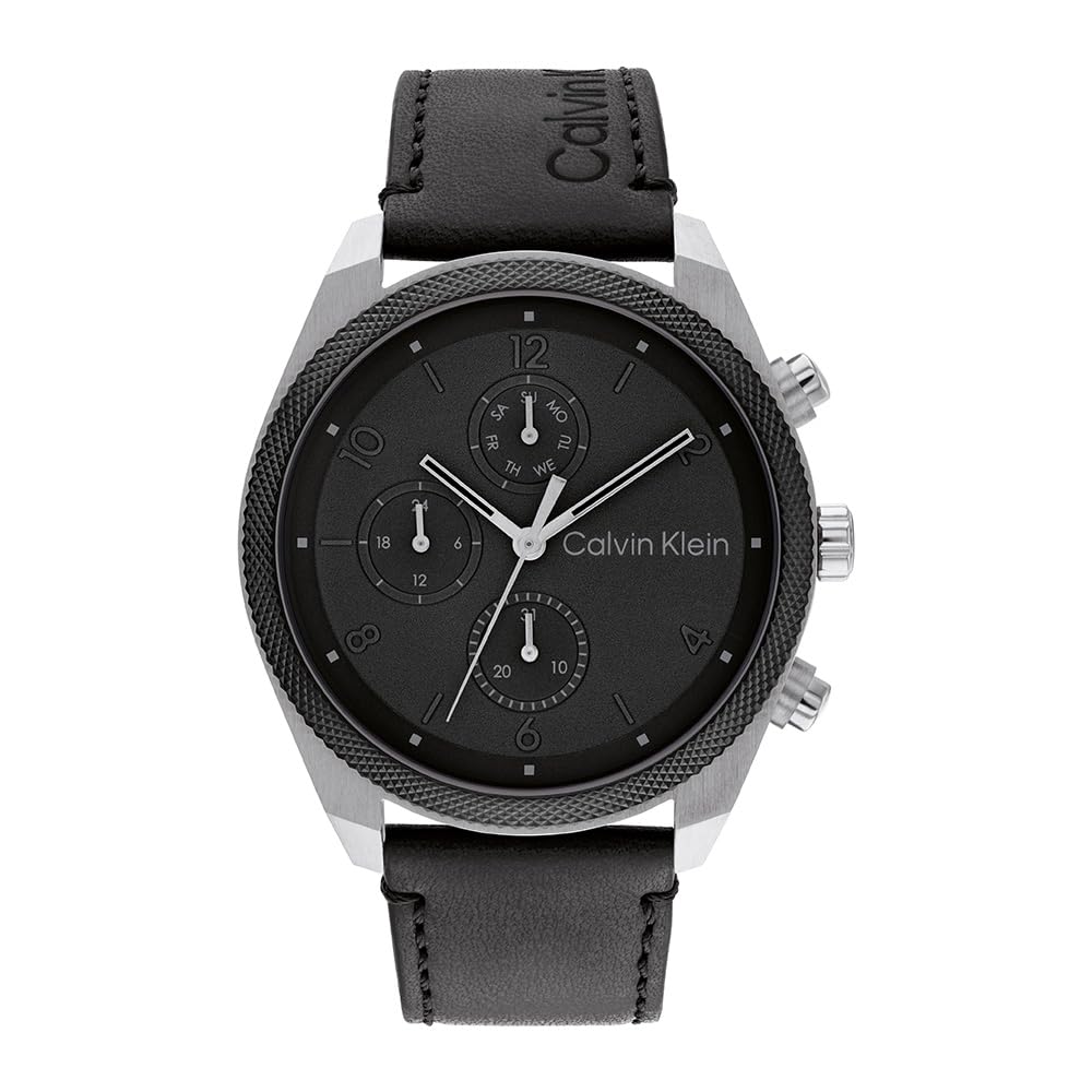Calvin Klein Reloj Analógico de Cuarzo Multifunción para Hombre Colección Impact con Correa de Cuero Negra - 25200364